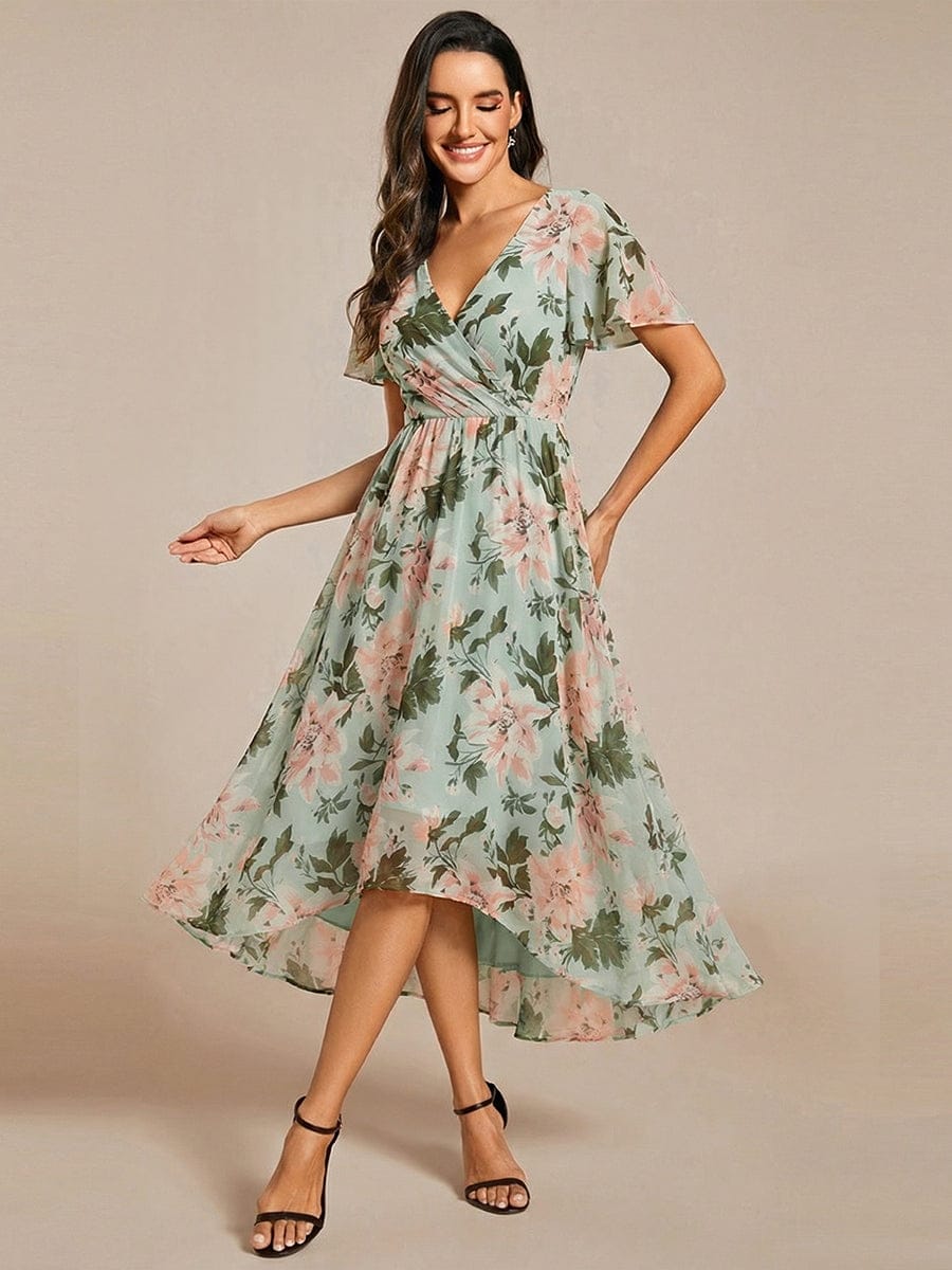 Chiffon Elegance Short Sleeve High-Low Dress In Pink #color_Light Green Floral