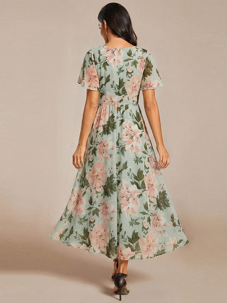 Chiffon Elegance Short Sleeve High-Low Dress In Pink #color_Light Green Floral