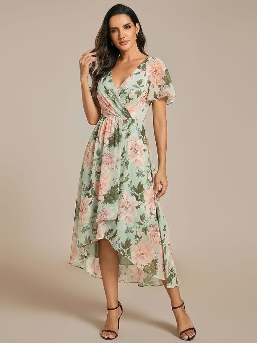 Floral Chiffon Elegance Short Sleeve High-Low Wedding Guest Dress #color_Light Green Floral