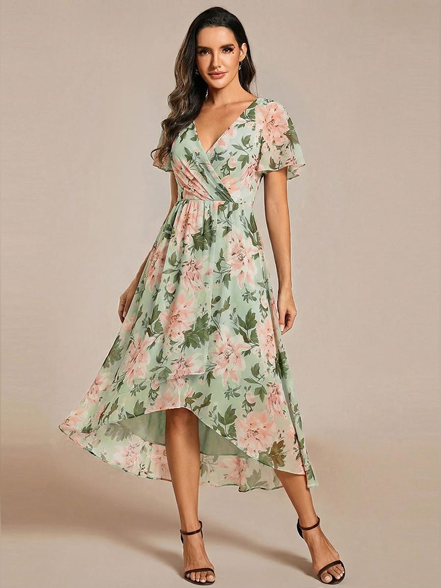 Elegant Chiffon Wedding Guest Dress with Short Sleeves and High-Low Hem