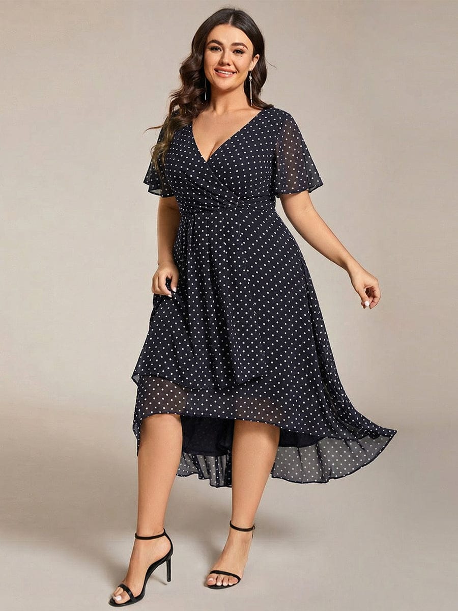 Floral Chiffon Elegance Short Sleeve High-Low Wedding Guest Dress #color_Navy Blue Polka Dots