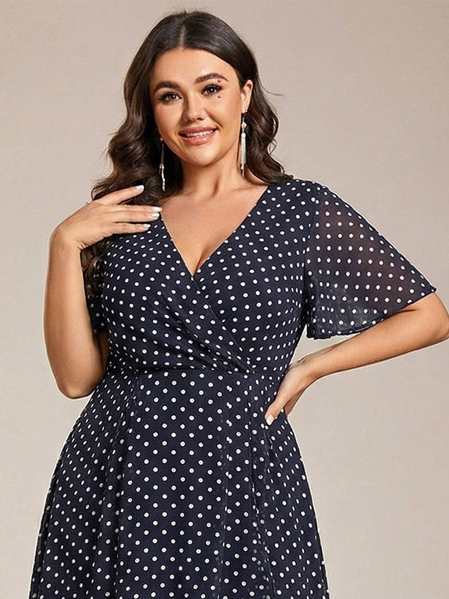 Floral Chiffon Elegance Short Sleeve High-Low Wedding Guest Dress #color_Navy Blue Polka Dots