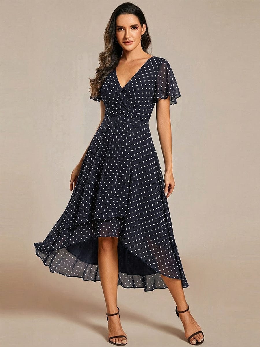Floral Chiffon Elegance Short Sleeve High-Low Wedding Guest Dress #color_Navy Blue Polka Dots