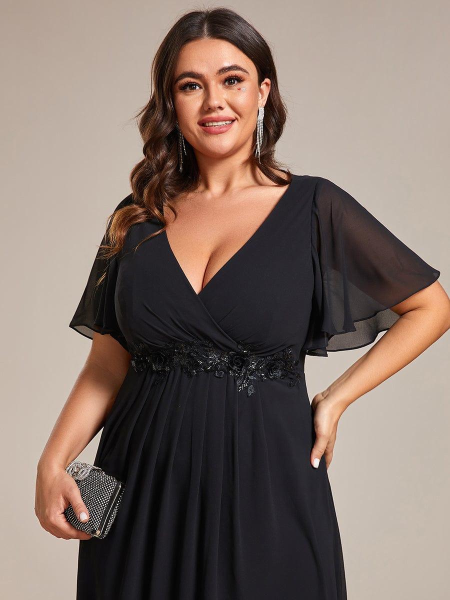 V-Neck Chiffon Evening Dress with Waist Applique #color_Black