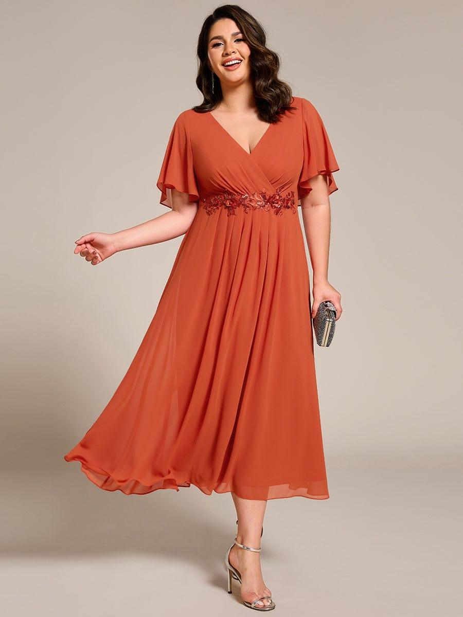 V-Neck Chiffon Evening Dress with Waist Applique #color_Burnt Orange