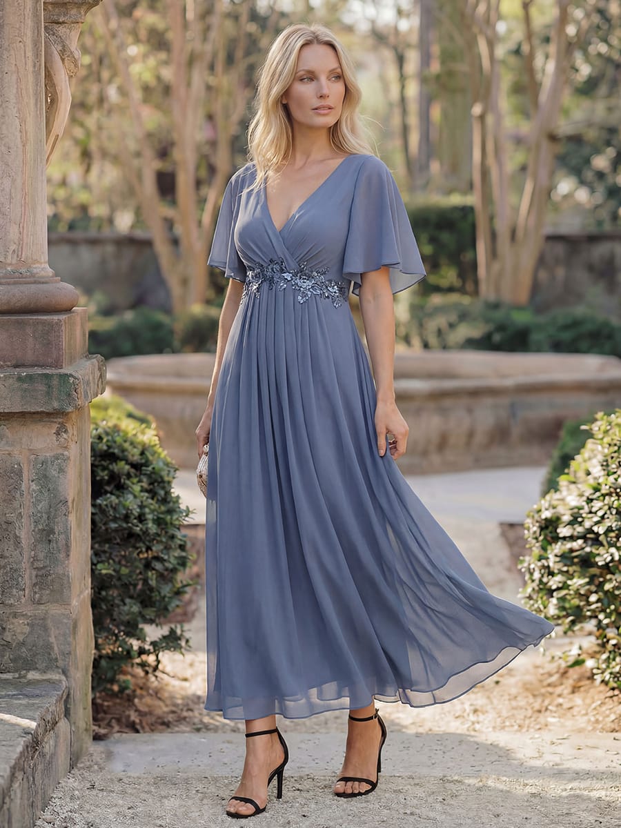 V-Neck Chiffon Wedding Guest Dress with Waist Applique #color_Dusty Blue