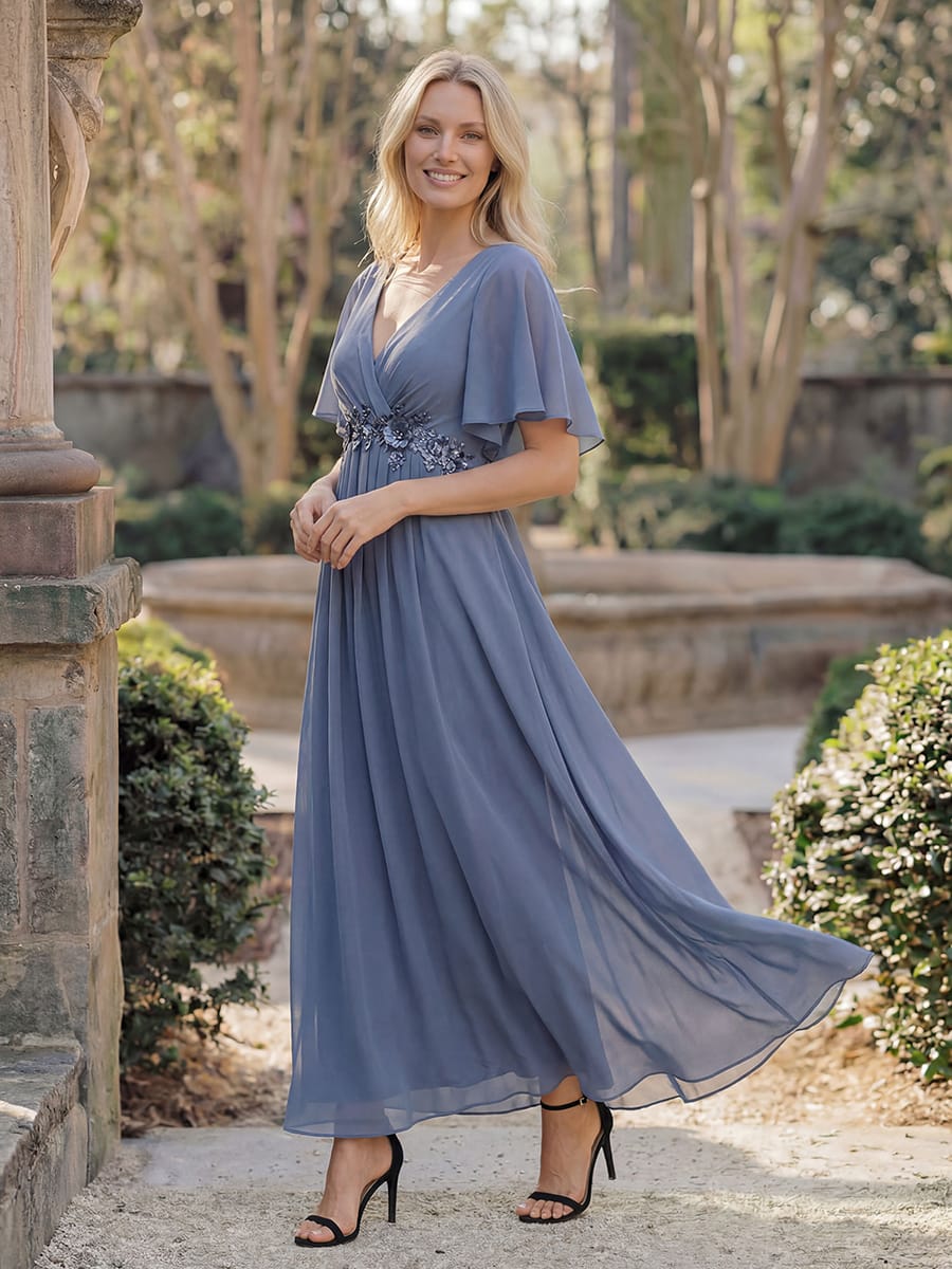 V-Neck Chiffon Wedding Guest Dress with Waist Applique #color_Dusty Blue
