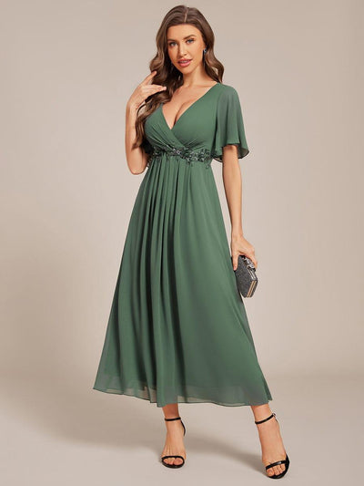 ever DAHLIA|V-Neck Chiffon Midi Wedding Guest Dress with Waist Applique (Final Sale)