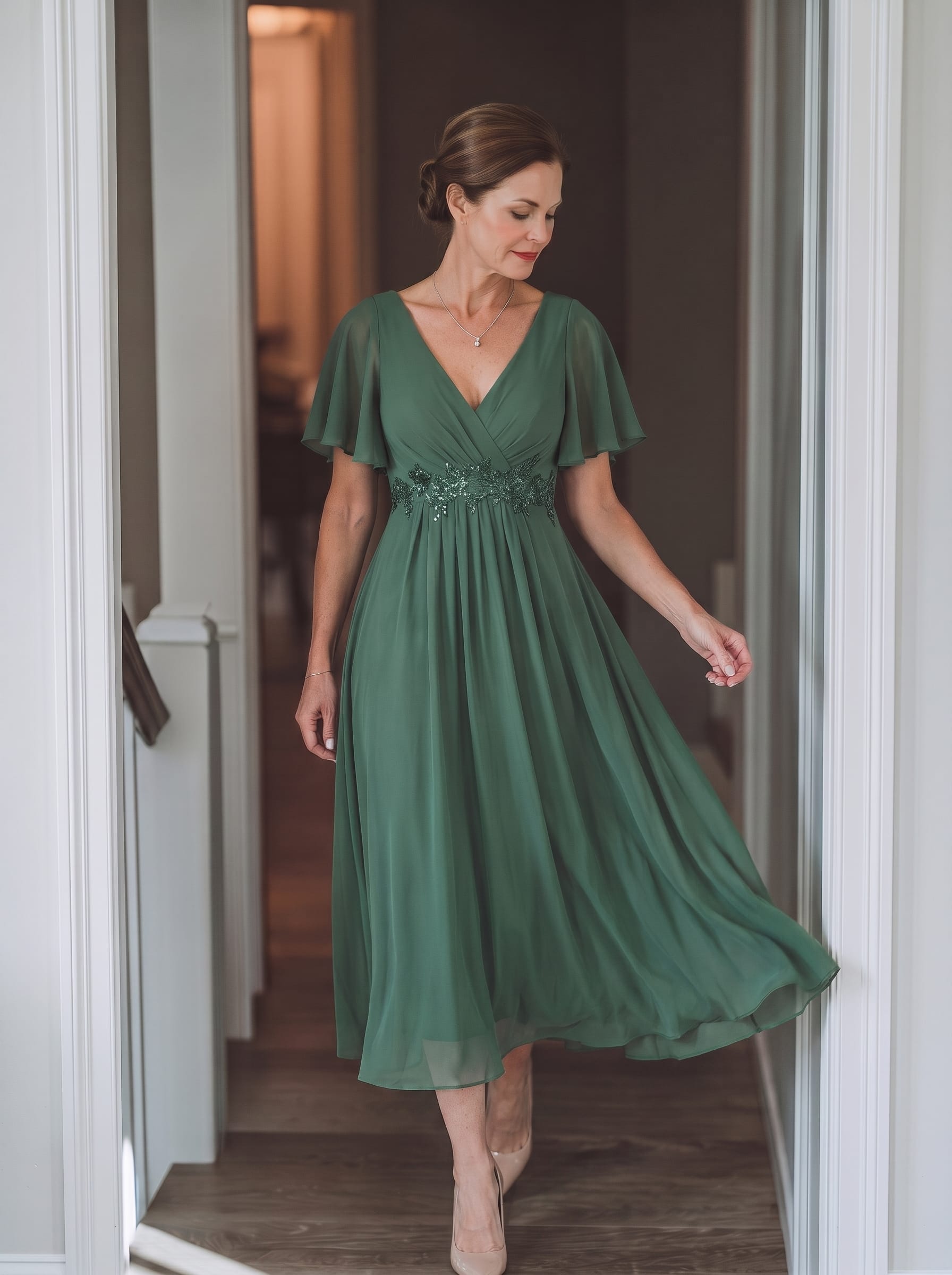 V-Neck Chiffon Wedding Guest Dress with Waist Applique #color_Eucalyptus Green