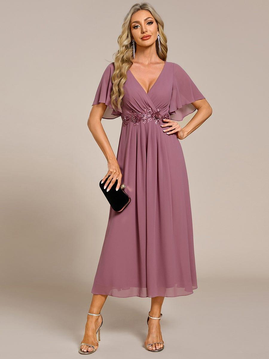V-Neck Chiffon Wedding Guest Dress adorned with Waist Applique