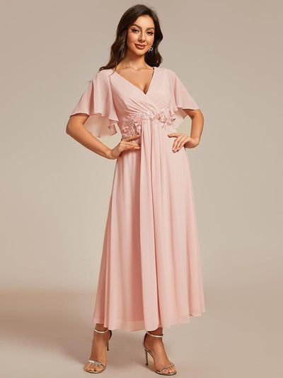 V-Neck Chiffon Midi Dress with Waist Applique In Pink #color_Pink