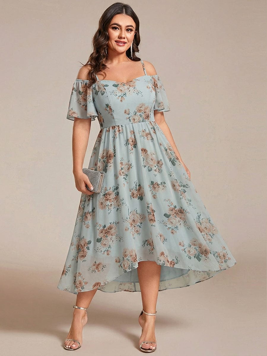 One-Shoulder High-Low Chiffon Wedding Guest Dresses with Short Sleeves #color_Amber Bloom
