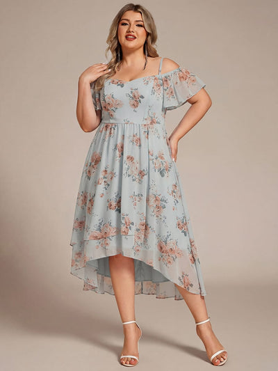 pretty JORDANE|Plus Size Off-Shoulder High-Low Chiffon Wedding Guest Dresses with Short Sleeves