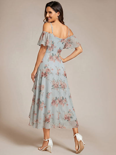 One-Shoulder High-Low Chiffon Wedding Guest Dresses with Short Sleeves #color_Amber Bloom