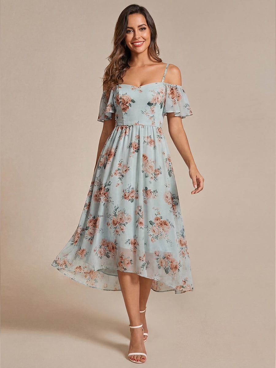 One-Shoulder High-Low Chiffon Wedding Guest Dresses with Short Sleeves #color_Amber Bloom