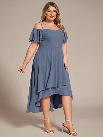 Plus Size One-Shoulder High-Low Chiffon Wedding Guest Dresses with Short Sleeves #color_Dusty Blue
