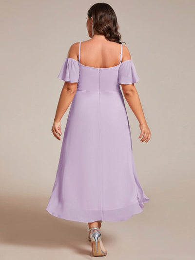 Plus Size One-Shoulder High-Low Chiffon Wedding Guest Dresses with Short Sleeves #color_Frosted Lilac