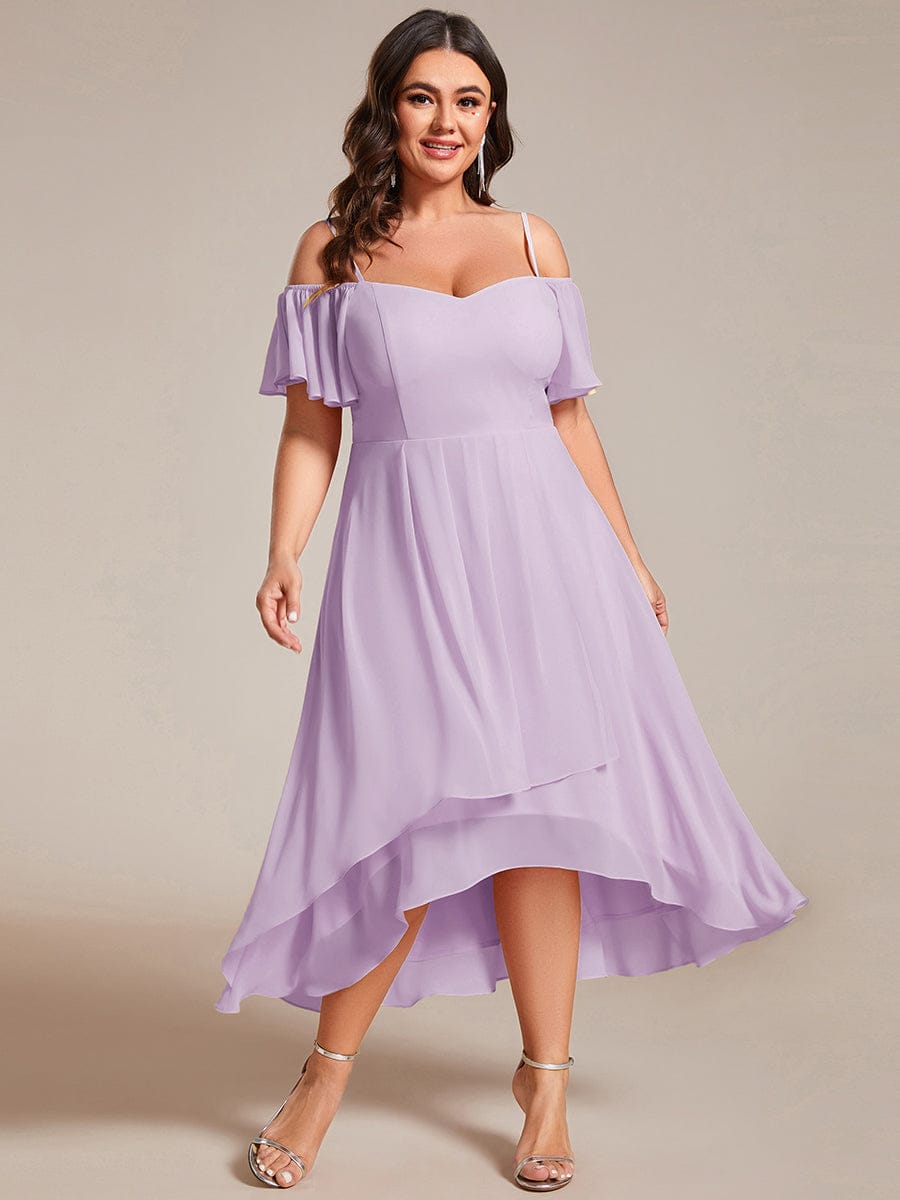 Off-Shoulder High-Low Chiffon Midi Dress with Short Sleeves in Pink #color_Frosted Lilac