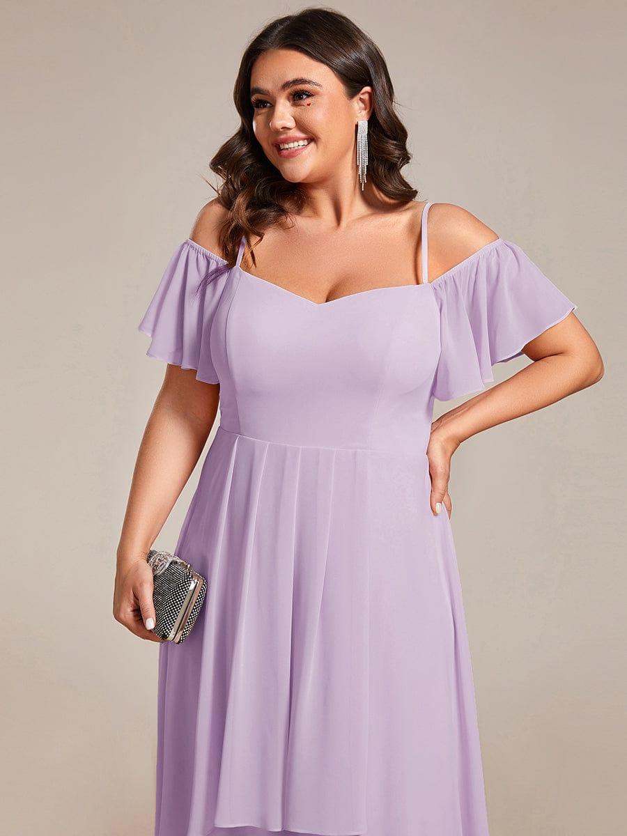 Off-Shoulder High-Low Chiffon Midi Dress with Short Sleeves in Pink #color_Frosted Lilac