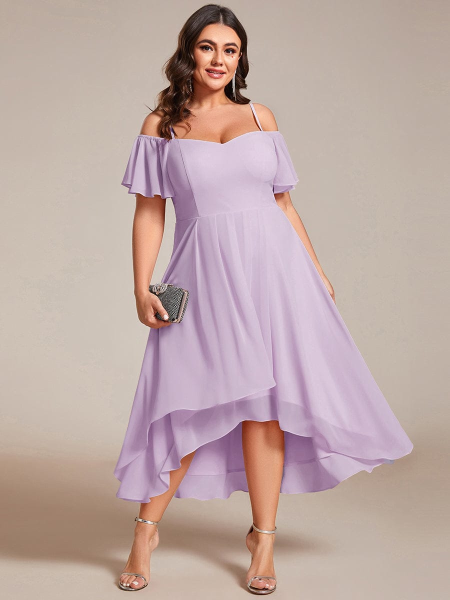Plus Size One-Shoulder High-Low Chiffon Wedding Guest Dresses with Short Sleeves #color_Frosted Lilac