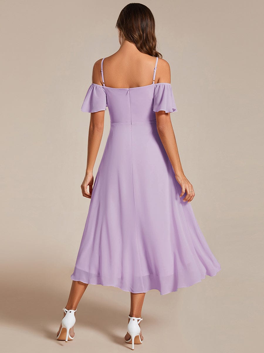 Off-Shoulder High-Low Chiffon Midi Dress with Short Sleeves in Pink #color_Frosted Lilac