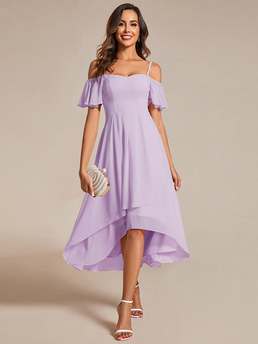 One-Shoulder High-Low Chiffon Wedding Guest Dresses with Short Sleeves #color_Frosted Lilac