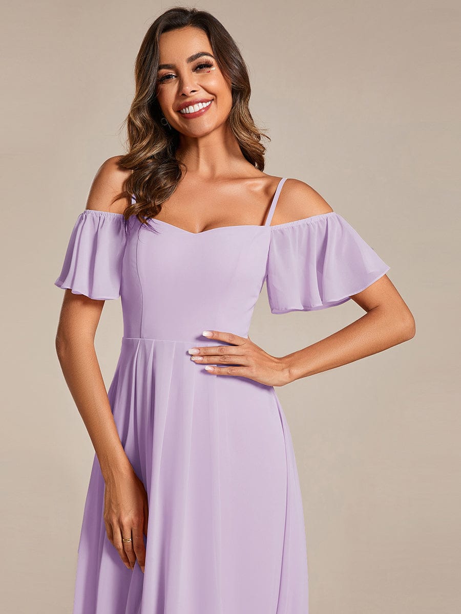 One-Shoulder High-Low Chiffon Wedding Guest Dresses with Short Sleeves #color_Frosted Lilac