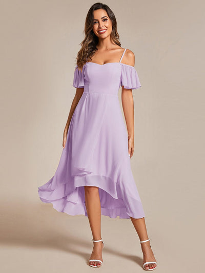 One-Shoulder High-Low Chiffon Wedding Guest Dresses with Short Sleeves #color_Frosted Lilac