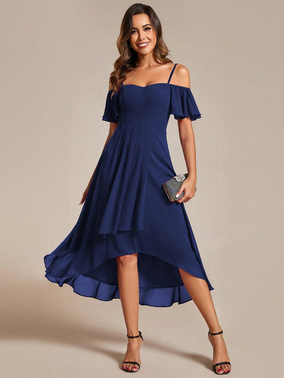 One-Shoulder High-Low Chiffon Bridesmaid Dresses with Short Sleeves #color_Navy Blue