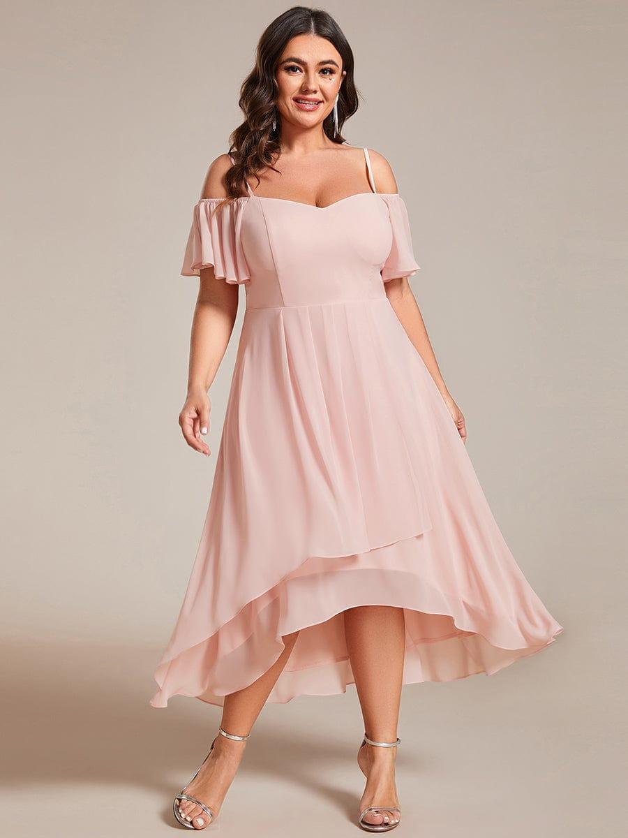 Off-Shoulder High-Low Chiffon Midi Dress with Short Sleeves in Pink #color_Pink