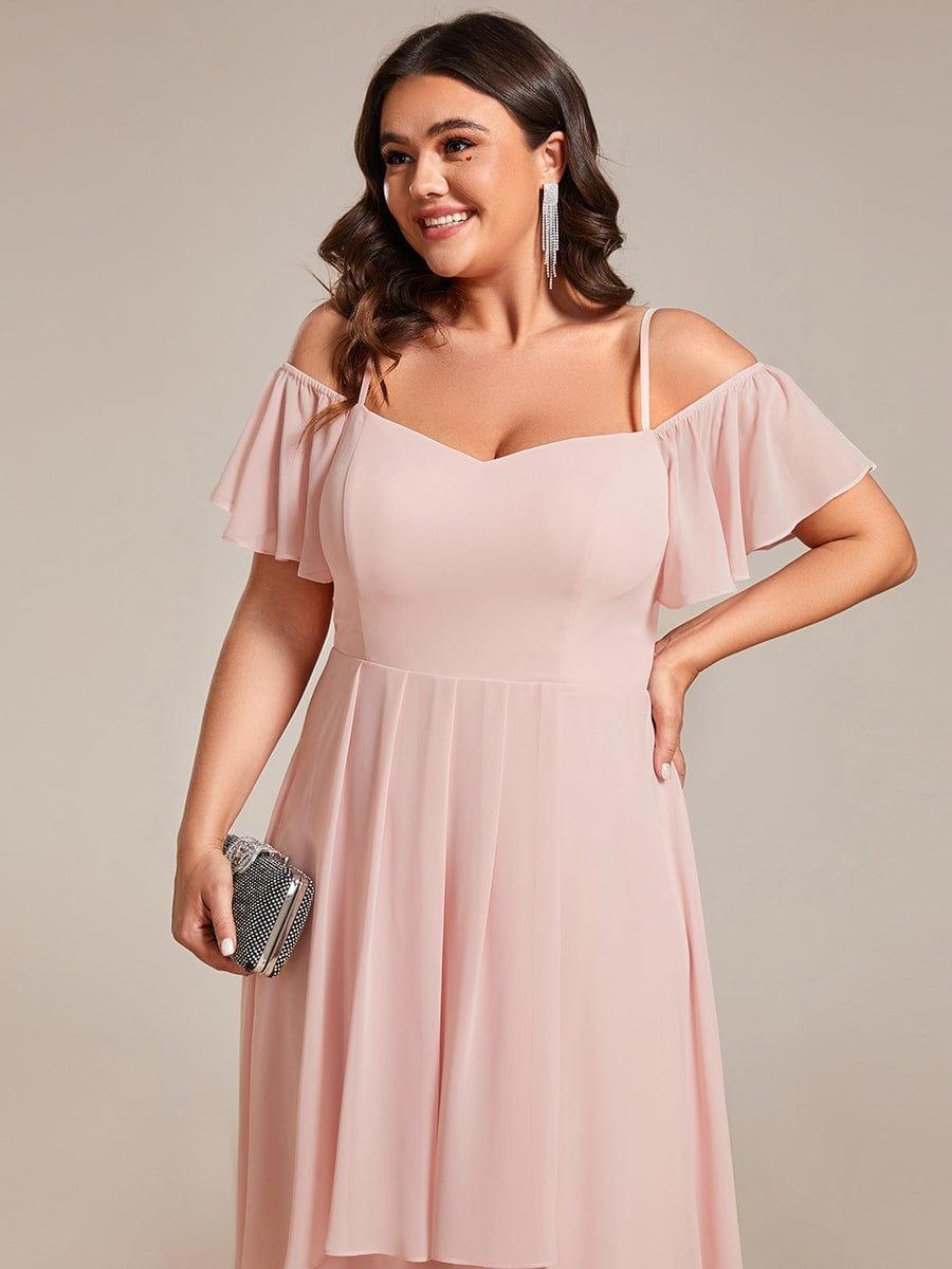 Off-Shoulder High-Low Chiffon Midi Dress with Short Sleeves in Pink #color_Pink