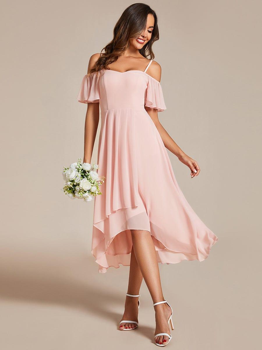 Off-Shoulder High-Low Chiffon Midi Dress with Short Sleeves in Pink #color_Pink