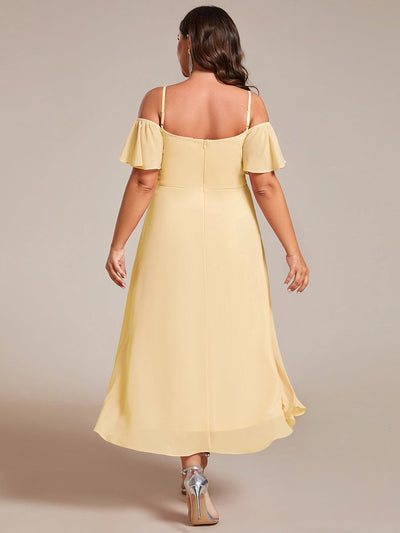 pretty JORDANE|Plus Size Off-Shoulder High-Low Chiffon Wedding Guest Dresses with Short Sleeves