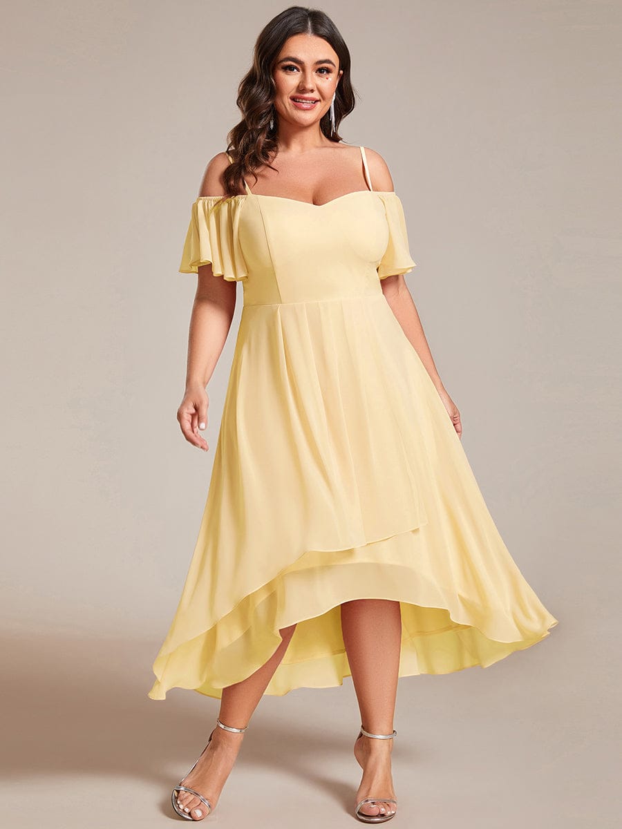 One-Shoulder High-Low Chiffon Wedding Guest Dresses with Short Sleeves #color_Yellow