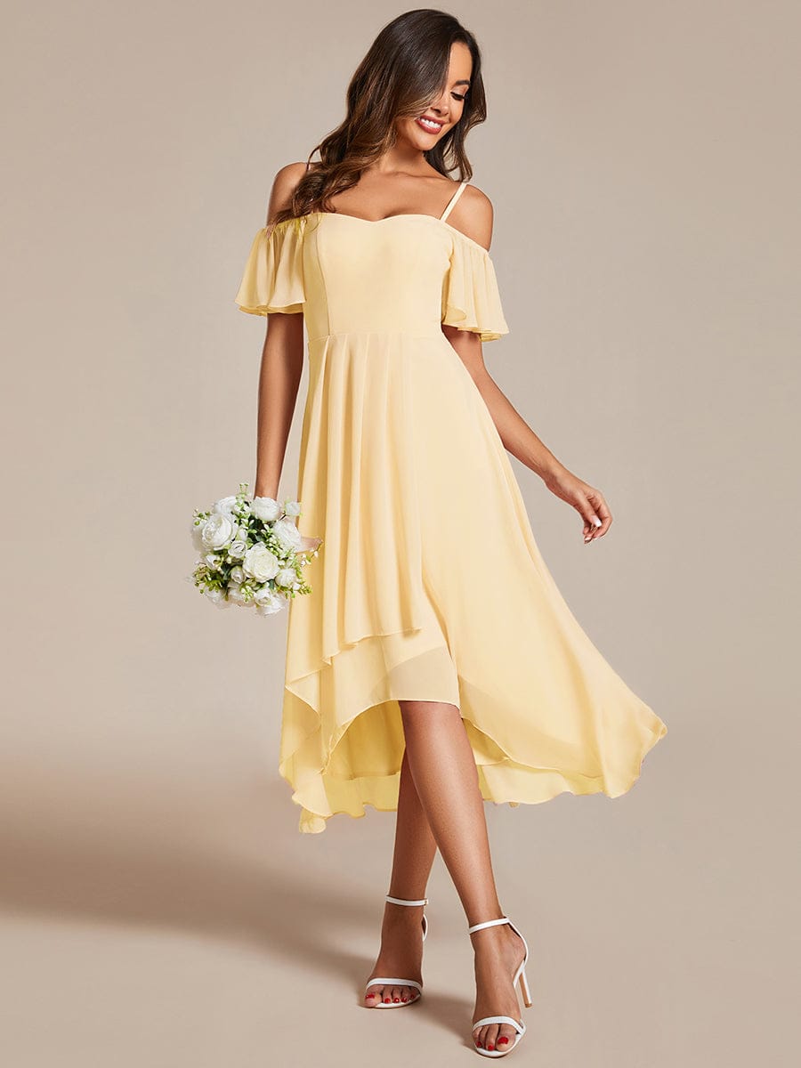 One-Shoulder High-Low Chiffon Wedding Guest Dresses with Short Sleeves #color_Yellow