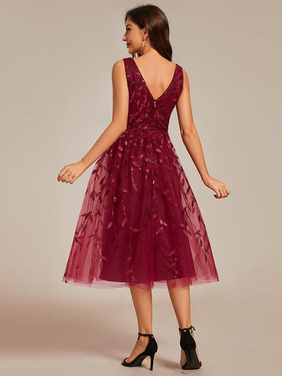 Sequined V-Neck A-Line Midi Wedding Guest Dress with Sleeveless #color_Gold