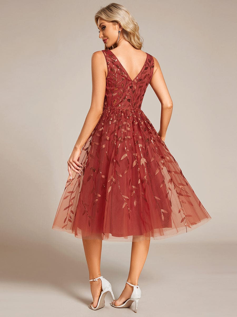 Sequined V-Neck A-Line Midi Wedding Guest Dress with Sleeveless #color_Burnt Orange