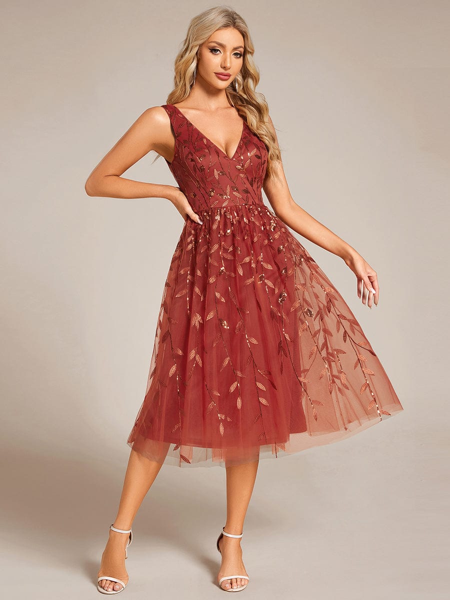 Sequined V-Neck A-Line Midi Wedding Guest Dress with Sleeveless #color_Burnt Orange