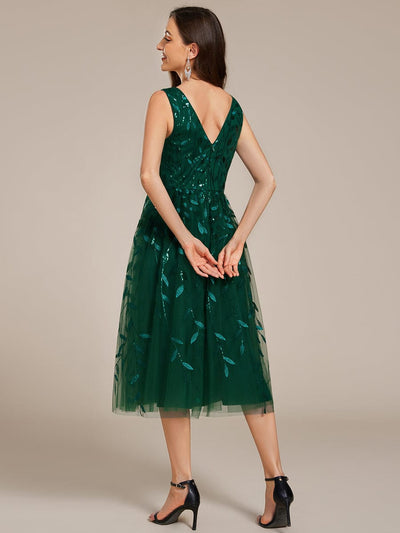 Sequined V-Neck A-Line Midi Wedding Guest Dress with Sleeveless #color_Dark Green