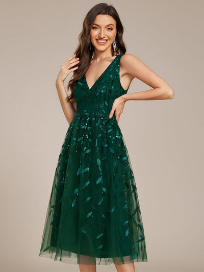 Sequined V-Neck A-Line Midi Wedding Guest Dress with Sleeveless #color_Dark Green