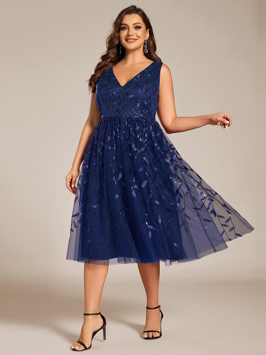 Sequined V-Neck A-Line Midi Wedding Guest Dress with Sleeveless #color_Navy Blue