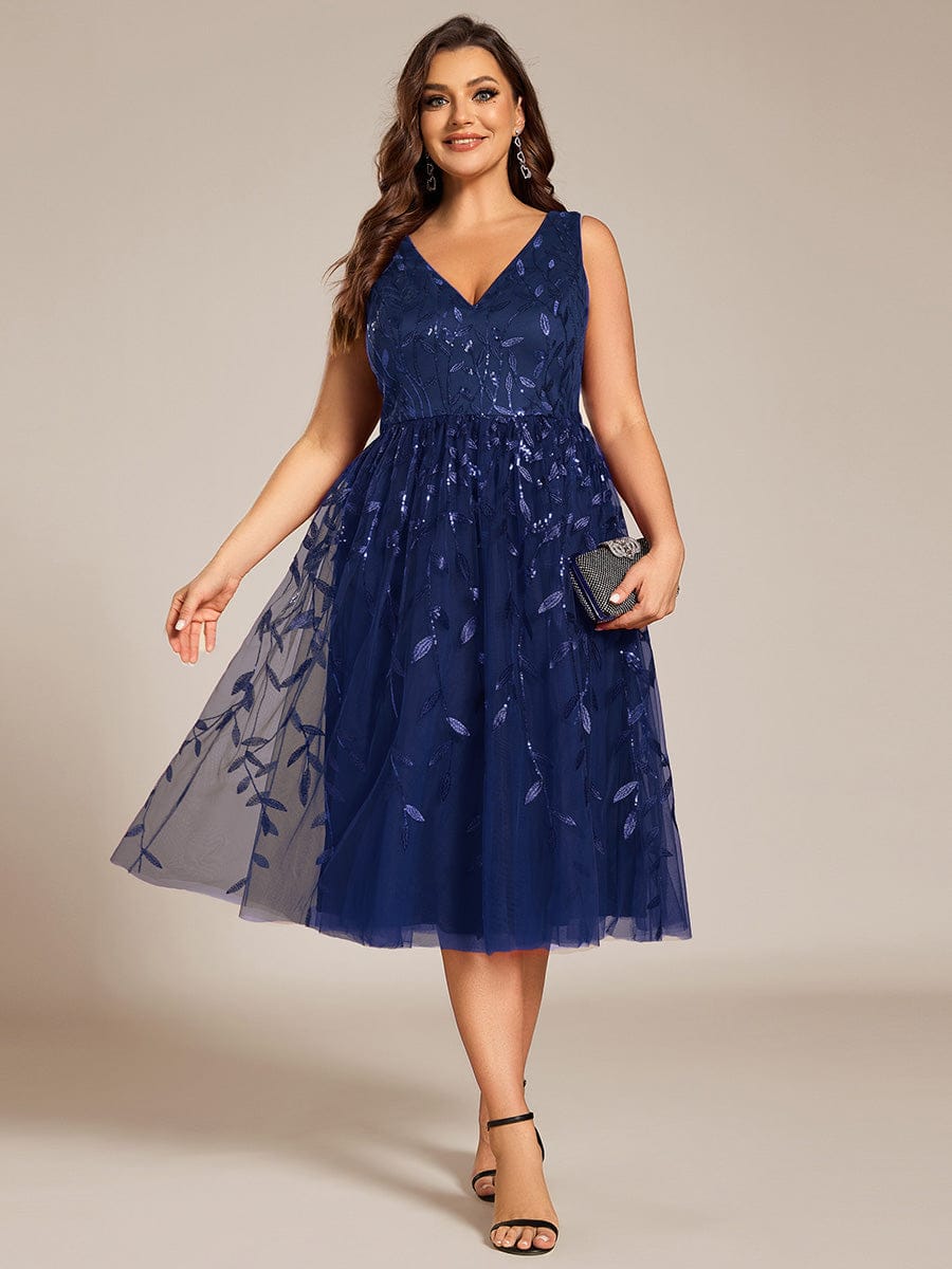 Sequined V-Neck A-Line Midi Wedding Guest Dress with Sleeveless #color_Navy Blue