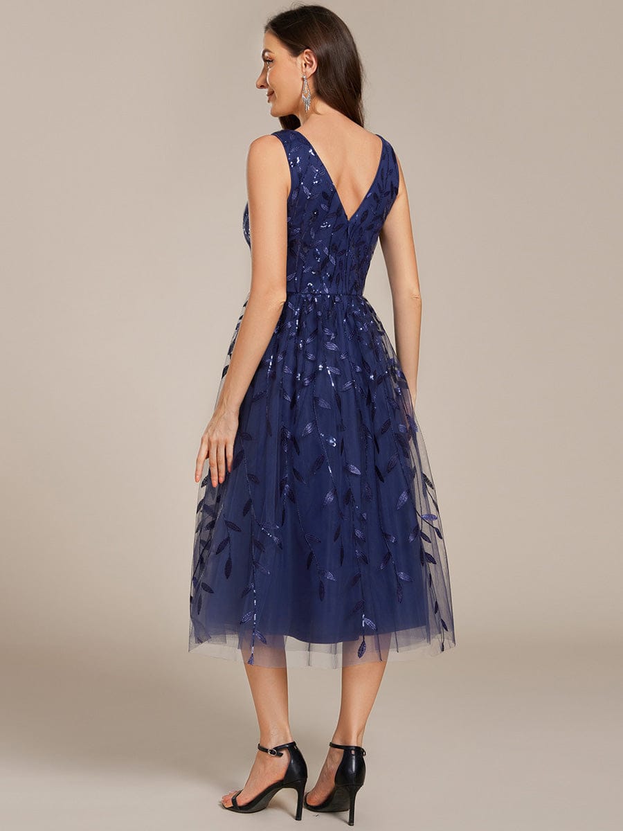Sequined V-Neck A-Line Midi Wedding Guest Dress with Sleeveless #color_Navy Blue