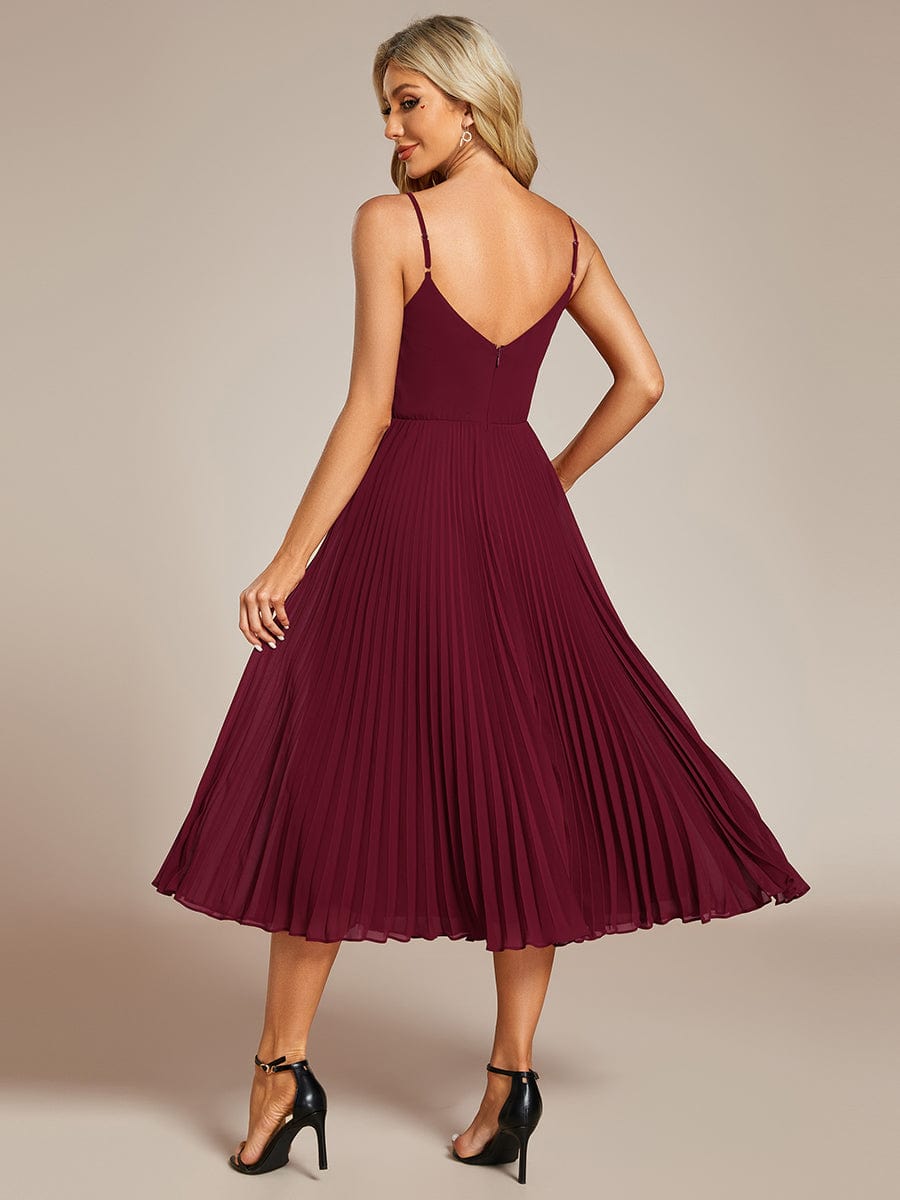 Midi Chiffon Stacked Pleating Backless Wedding Guest Dress with V-Neck #color_Burgundy