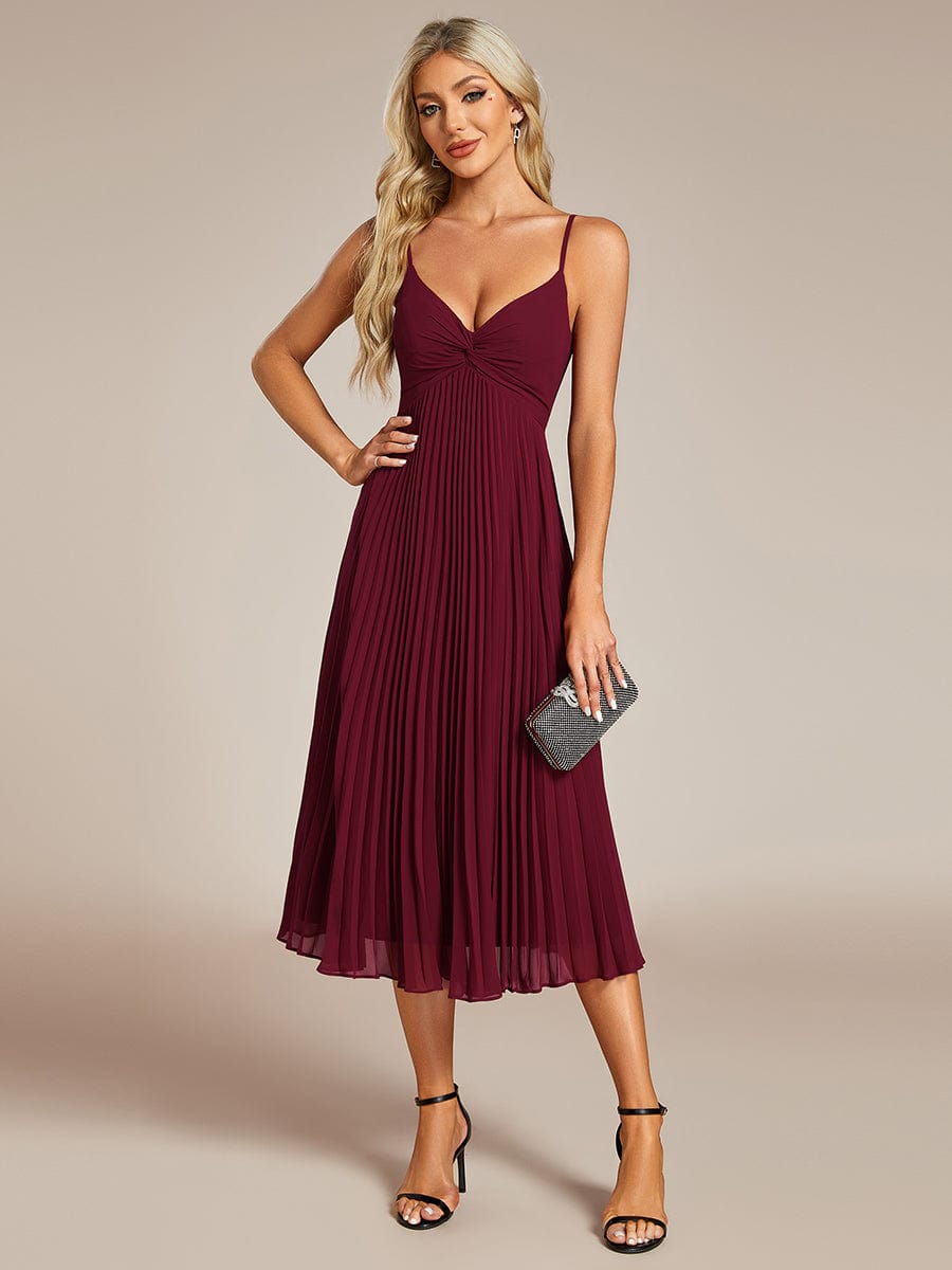 Midi Chiffon Stacked Pleating Backless Wedding Guest Dress with V-Neck #color_Burgundy