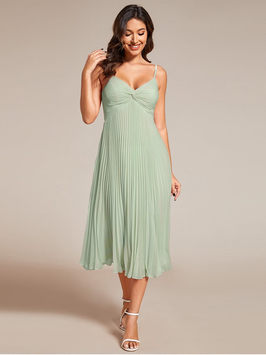 Midi Chiffon Stacked Pleating Backless Wedding Guest Dress with V-Neck #color_Mint Green