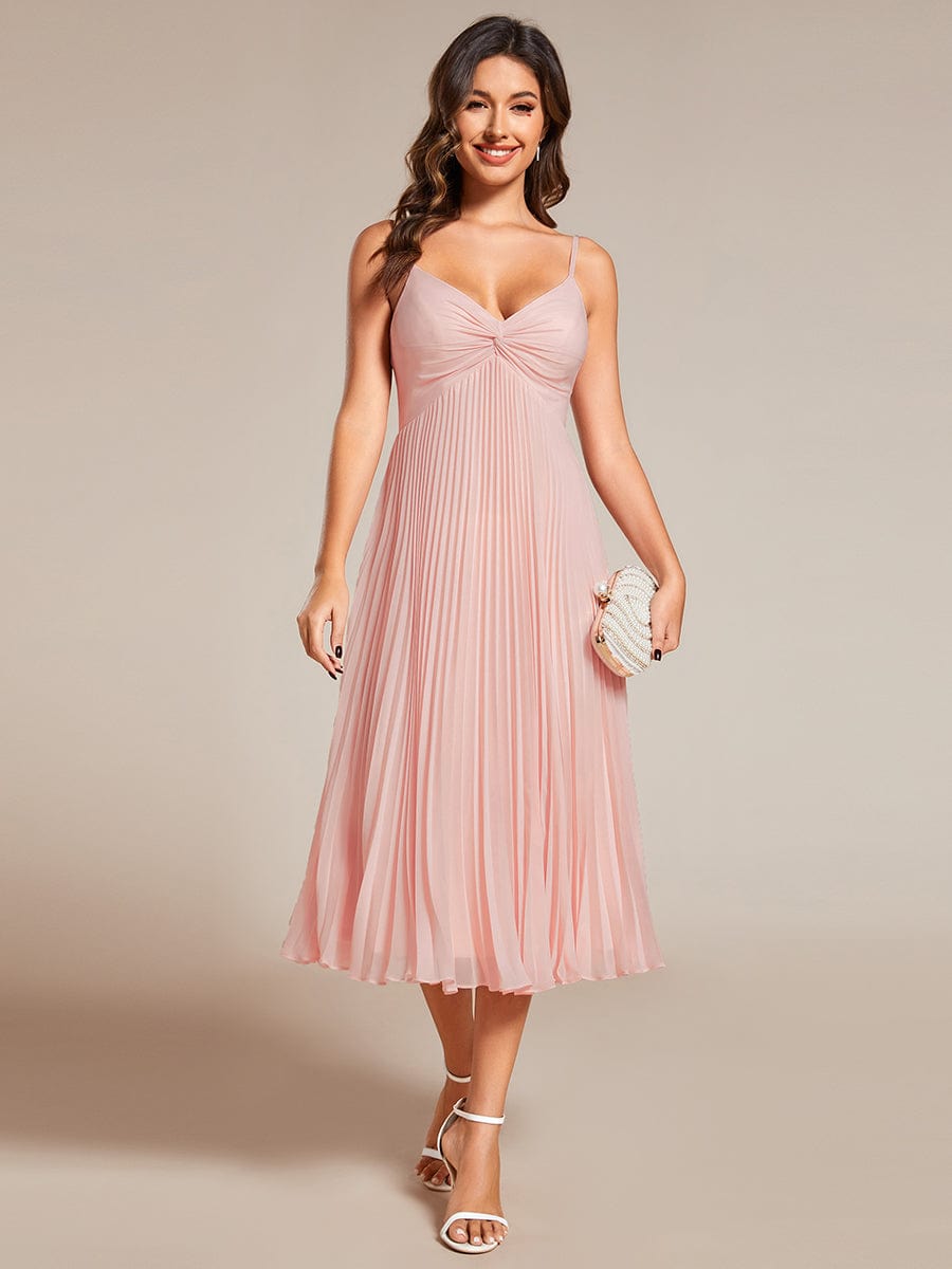 Midi Chiffon Stacked Pleating Backless Wedding Guest Dress with V-Neck #color_Pink