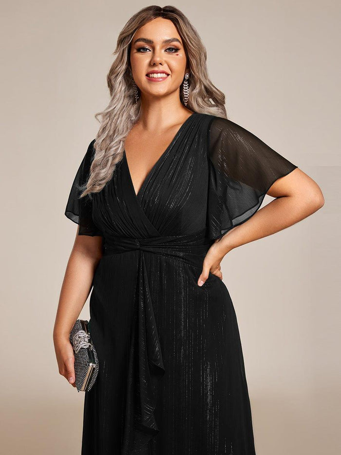 Gorgeous Plus Size V-Neck Flutter Sleeve Glitter Maxi Dress Evening Dress main image 1