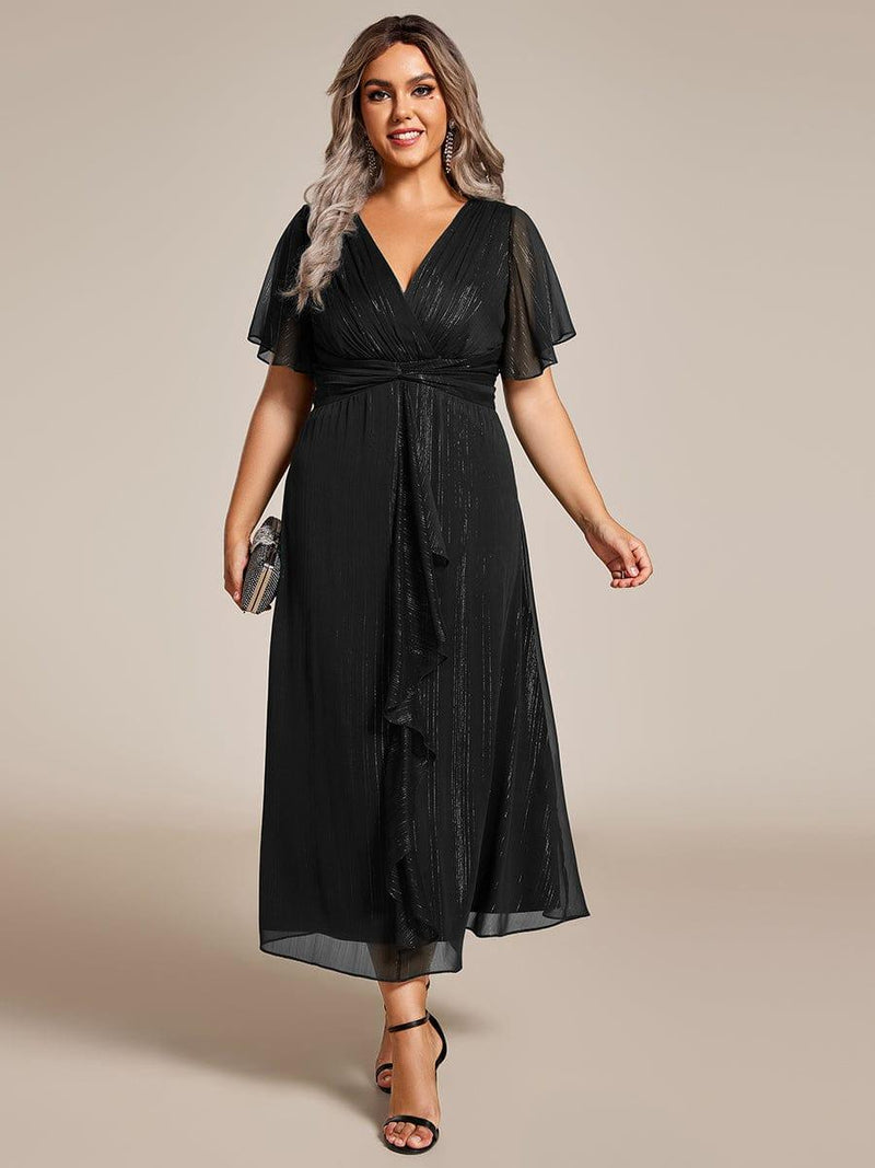Plus Size Glitter V-Neck A-Line Wedding Guest Dress with Delicate