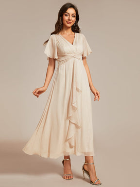 Glitter Short Sleeve A-Line Midi Wedding Guest Dress with Ruffled Hem